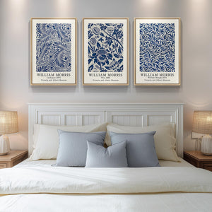 Large Framed William Morris Blue Botanical Waterproof Canvas Wall Art for Living Room Set of 3