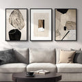 Large Framed Modern Neutral Abstract Black and Beige Wall Art Set of 3