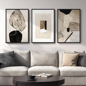 Large Framed Modern Neutral Abstract Black and Beige Wall Art Set of 3