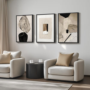 Large Framed Modern Neutral Abstract Black and Beige Wall Art Set of 3