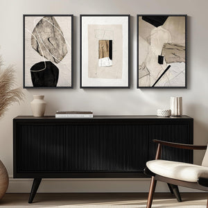 Large Framed Modern Neutral Abstract Black and Beige Wall Art Set of 3