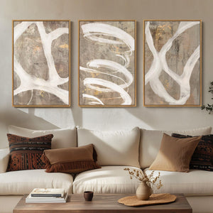 Framed Neutral Beige Abstract Wall Art Minimalist Canvas Prints for Bedroom Set of 3