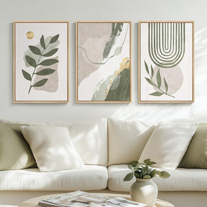 Large Framed Boho Sage Green Abstract Wall Art for Living Room Set of 3