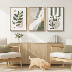 Large Framed Boho Sage Green Abstract Wall Art for Living Room Set of 3
