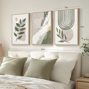 Large Framed Boho Sage Green Abstract Wall Art for Living Room Set of 3