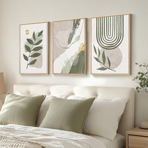 Large Framed Boho Sage Green Abstract Wall Art for Living Room Set of 3