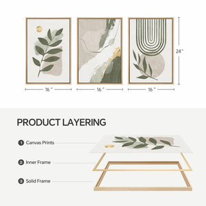 Large Framed Boho Sage Green Abstract Wall Art for Living Room Set of 3