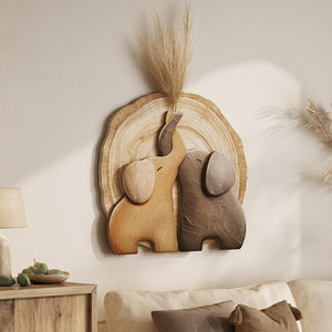 3D Textured Modern Elephant Brown Minimalist  Natural Wall Art for Dining Room with Faux Greenery