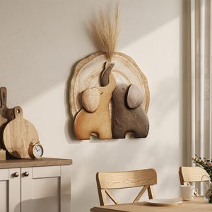 3D Textured Modern Elephant Brown Minimalist  Natural Wall Art for Dining Room with Faux Greenery