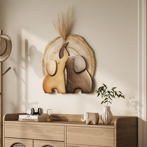 3D Textured Modern Elephant Brown Minimalist  Natural Wall Art for Dining Room with Faux Greenery