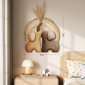 3D Textured Modern Elephant Brown Minimalist  Natural Wall Art for Dining Room with Faux Greenery