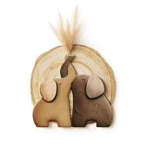 3D Textured Modern Elephant Brown Minimalist  Natural Wall Art for Dining Room with Faux Greenery