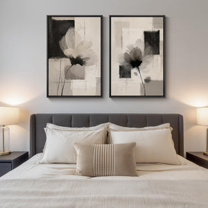 Large Framed Neutral Abstract Floral Wall Art Modern Minimalist Artwork for Living Room Set of 2