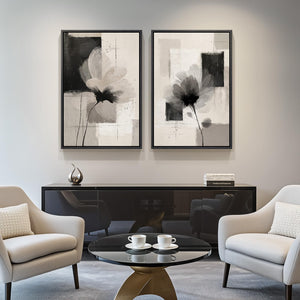 Large Framed Neutral Abstract Floral Wall Art Modern Minimalist Artwork for Living Room Set of 2