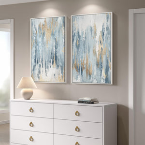 Large White Framed Blue and Gold Abstract Wall Art Modern Minimalist Artwork for Living Room Set of 2