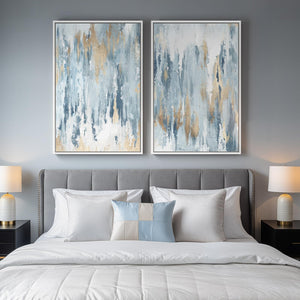 Large White Framed Blue and Gold Abstract Wall Art Modern Minimalist Artwork for Living Room Set of 2
