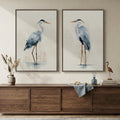 Large Framed Vintage Neutral Blue Heron Bird Wall Art Set of 2