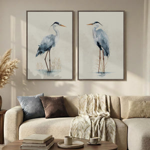 Large Framed Vintage Neutral Blue Heron Bird Wall Art Set of 2