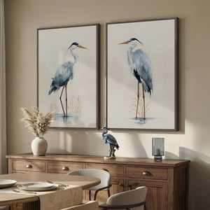 Large Framed Vintage Neutral Blue Heron Bird Wall Art Set of 2
