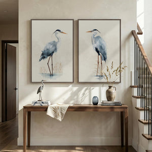 Large Framed Vintage Neutral Blue Heron Bird Wall Art Set of 2