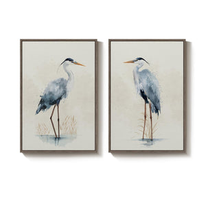 Large Framed Vintage Neutral Blue Heron Bird Wall Art Set of 2