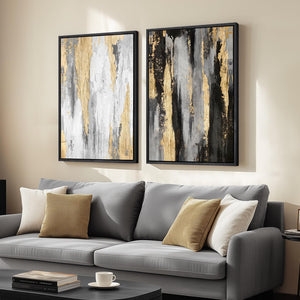Large Framed Elegant Black White Gold Modern Minimalist Abstract Wall Art for Living Room Set of 2