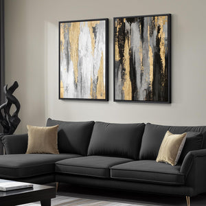 Large Framed Elegant Black White Gold Modern Minimalist Abstract Wall Art for Living Room Set of 2