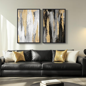Large Framed Elegant Black White Gold Modern Minimalist Abstract Wall Art for Living Room Set of 2