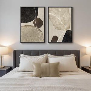 Large Framed Neutral Black Brown Abstract Wall Art  Canvas Prints for Living Room Set of 2