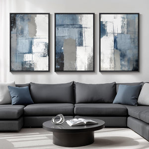Framed Blue and Gray Abstract Modern Wall Art Minimalist Wall Decor for Living Room Set of 3