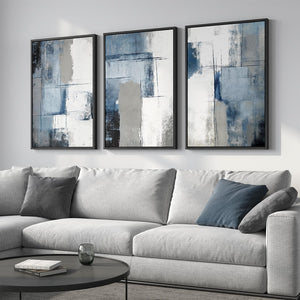 Framed Blue and Gray Abstract Modern Wall Art Minimalist Wall Decor for Living Room Set of 3