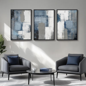 Framed Blue and Gray Abstract Modern Wall Art Minimalist Wall Decor for Living Room Set of 3