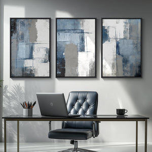 Framed Blue and Gray Abstract Modern Wall Art Minimalist Wall Decor for Living Room Set of 3