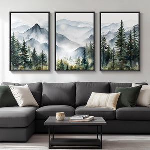 Large Framed Landscape Foggy Scenery Wall Art Mountain Print for Living Room Set of 3