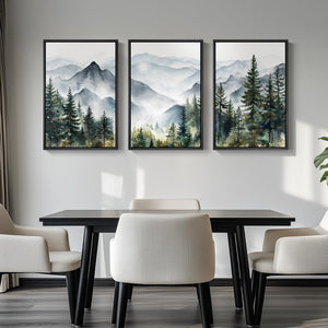 Large Framed Landscape Foggy Scenery Wall Art Mountain Print for Living Room Set of 3