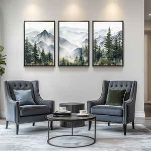 Large Framed Landscape Foggy Scenery Wall Art Mountain Print for Living Room Set of 3