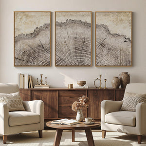 Large Framed Modern Farmhouse Tree Ring Wall Art Neutral Artwork for Living Room Set of 3
