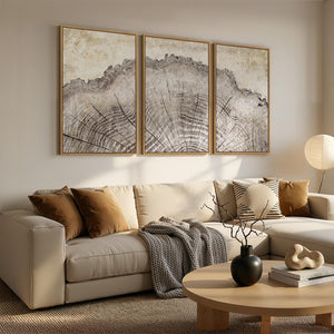 Large Framed Modern Farmhouse Tree Ring Wall Art Neutral Artwork for Living Room Set of 3