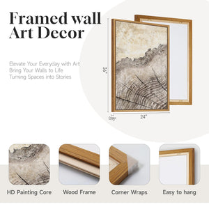 Large Framed Modern Farmhouse Tree Ring Wall Art Neutral Artwork for Living Room Set of 3
