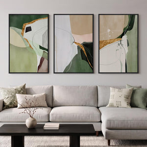 Large Framed Sage Green Modern Abstract Wall Art for Living Room Set of 3