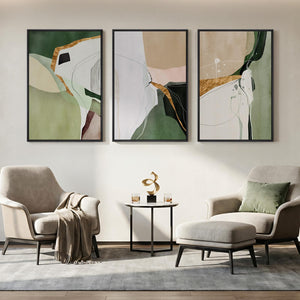 Large Framed Sage Green Modern Abstract Wall Art for Living Room Set of 3