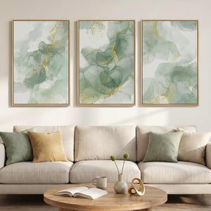 Large Framed Sage Green Modern Minimalist Abstract Wall Art for Living Room Set of 3