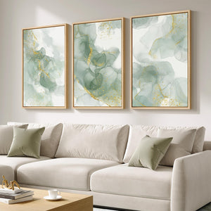 Large Framed Sage Green Modern Minimalist Abstract Wall Art for Living Room Set of 3