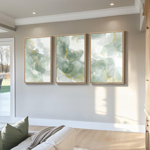 Large Framed Sage Green Modern Minimalist Abstract Wall Art for Living Room Set of 3