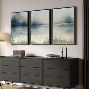 Large Framed Blue Nature Landscape Wall Art for Living Room Set of 3