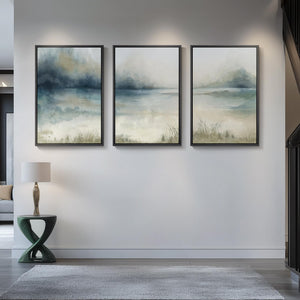 Large Framed Blue Nature Landscape Wall Art for Living Room Set of 3