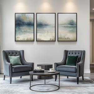 Large Framed Blue Nature Landscape Wall Art for Living Room Set of 3