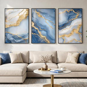Large Framed Elegant Blue Gold White Modern Luxury Abstract Wall Art for Living Room Set of 3