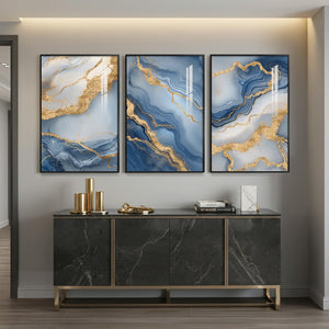 Large Framed Elegant Blue Gold White Modern Luxury Abstract Wall Art for Living Room Set of 3