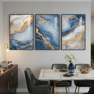 Large Framed Elegant Blue Gold White Modern Luxury Abstract Wall Art for Living Room Set of 3